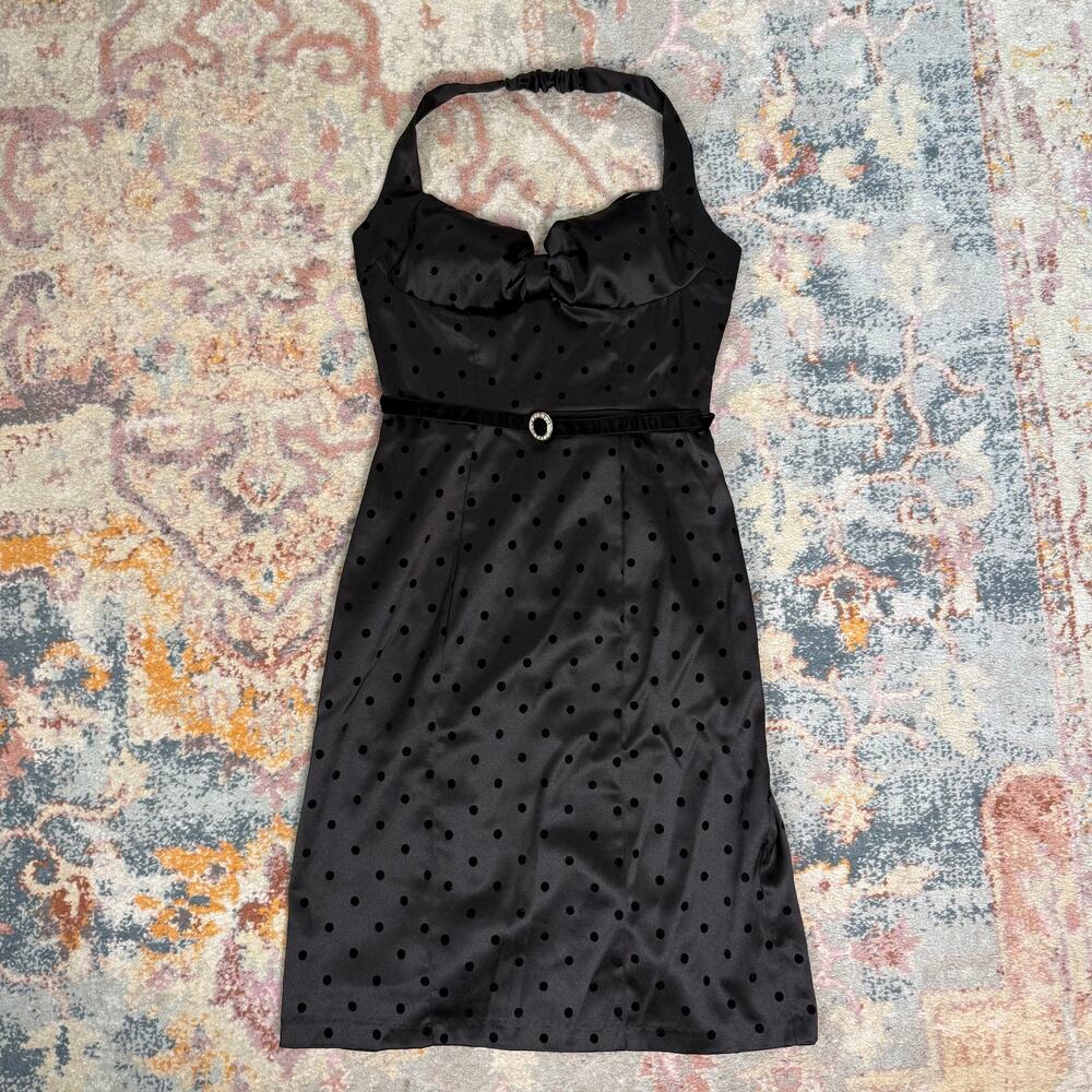 Vintage Y2K retro black satin polka dot pinup halter midi dress